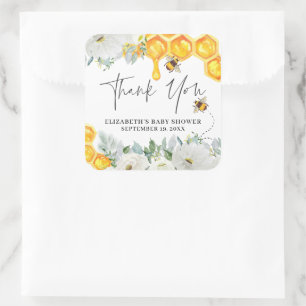 Floral Honeycomb Bumble Bee   Baby Shower Favour Square Sticker