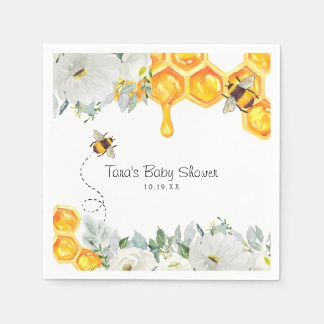 Floral Honeycomb Bumble Bee | Baby Shower Napkin (Front)