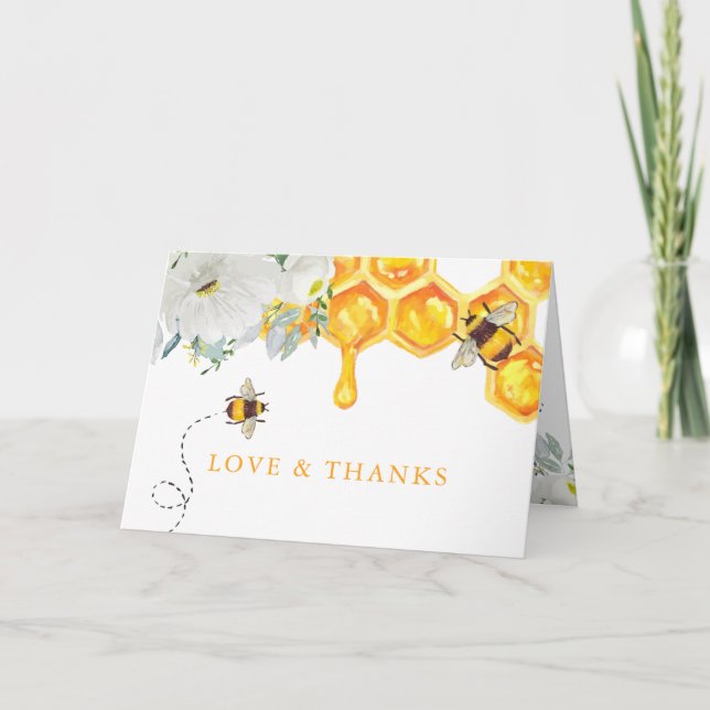 Floral Honeycomb Bumble Bee Baby Shower Thank You Card (Front)