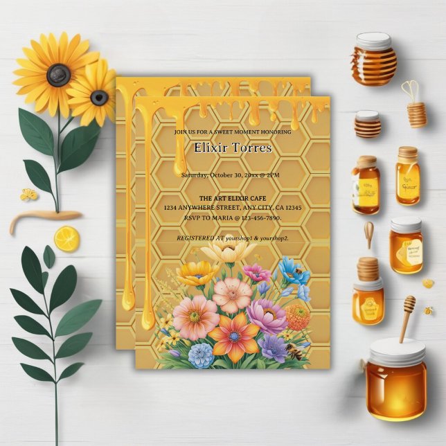 Floral Honeycomb Honeybee Honey Drip Baby Shower Invitation (Creator Uploaded)