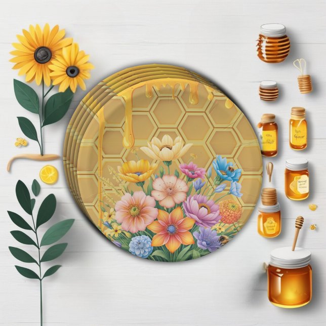 Floral Honeycomb Honeybee Honey Drip Baby Shower Paper Plate (Creator Uploaded)