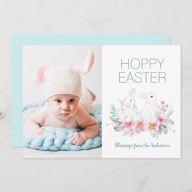 Floral Hoppy Easter Bunny 1 Photo Holiday Card (Front/Back)