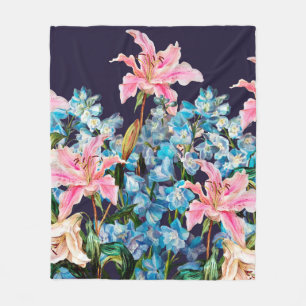 Floral horizontal border. Lilies and delphiniums,  Fleece Blanket