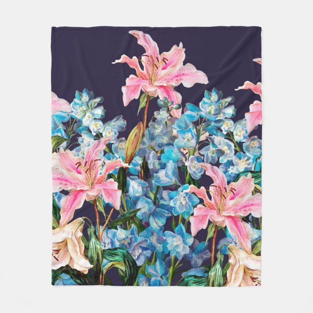 Floral horizontal border. Lilies and delphiniums,  Fleece Blanket (Front)
