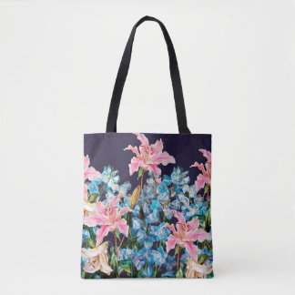 Floral horizontal border. Lilies and delphiniums,  Tote Bag