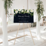 Floral Horizontal Rehearsal Dinner Welcome Sign<br><div class="desc">This floral horizontal rehearsal dinner welcome sign is perfect for a rustic wedding rehearsal. The design features elegant watercolor white peonies with green foliage in a dark blue background.</div>