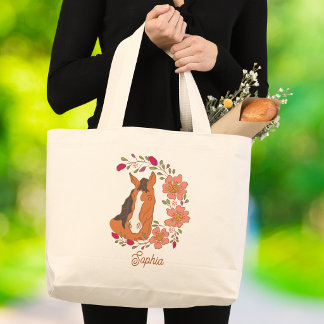 Floral Horse Botanical Custom Name Large Tote Bag
