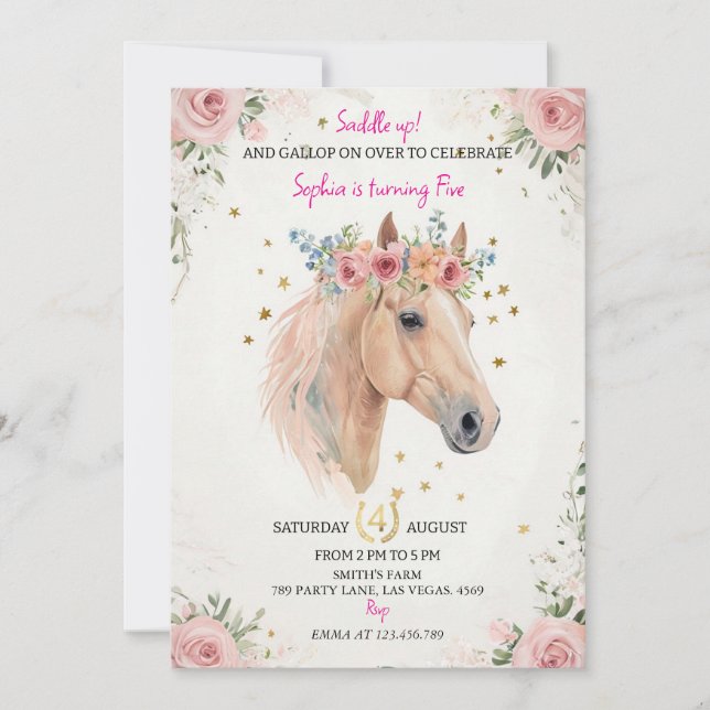 Floral Horse Kids Birthday Invite Template (Front)