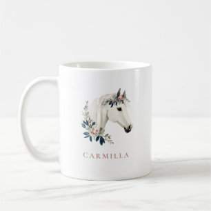 Floral Horse Pink and Navy Personalised Name Coffee Mug
