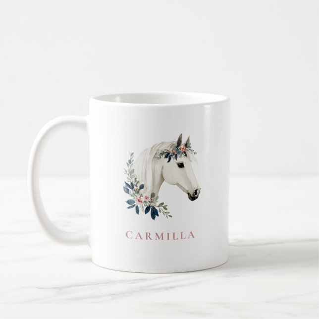 Floral Horse Pink and Navy Personalised Name Coffee Mug (Left)