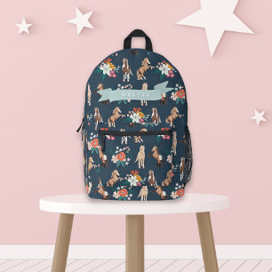 Floral Horse/Pony Pattern Navy Blue Girl Printed Backpack