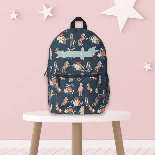 Floral Horse/Pony Pattern Navy Blue Girl Printed Backpack (Creator Uploaded)