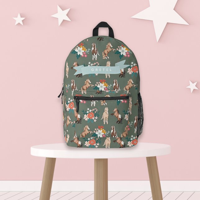 Floral Horse/Pony Pattern Sage Green Girl Printed Backpack (Creator Uploaded)