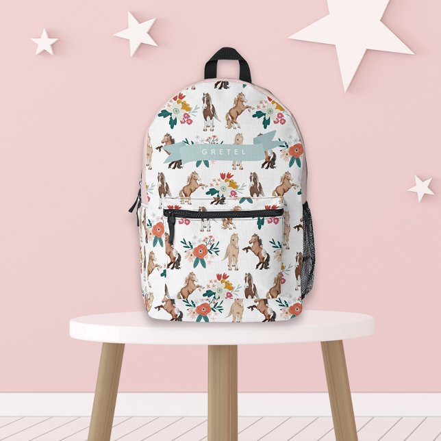 Floral Horse/Pony Pattern White Girl Printed Backpack (Creator Uploaded)