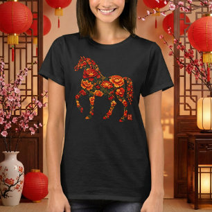 Floral Horse Silhouette Chinese Botanical Art T-Shirt
