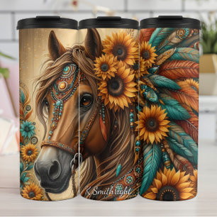 Floral Horse Sunflower Feather Adornment Thermal Tumbler