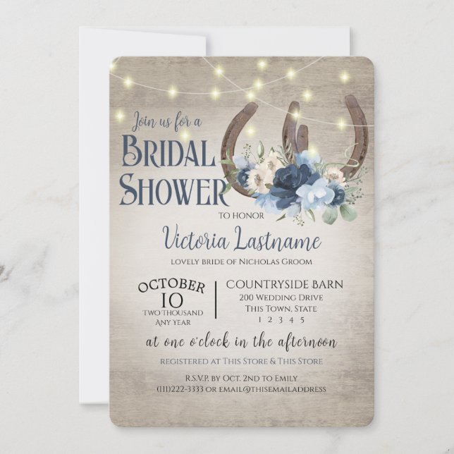 Floral Horseshoes and Lights Rustic Barn Wood Invitation (Front)