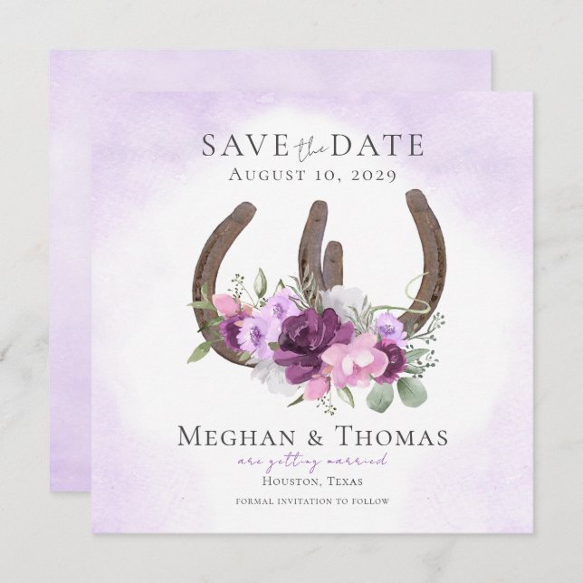 Floral Horseshoes Purple Save the Date (Front/Back)