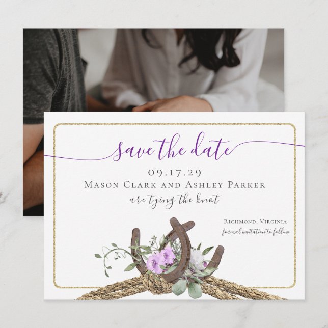 Floral Horseshoes Rope Save the Date with Photo Invitation (Front/Back)