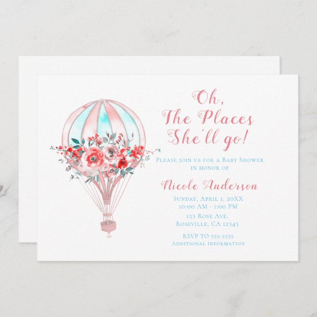 Floral Hot Air Baby Shower The Places She'll Go Invitation (Front/Back)