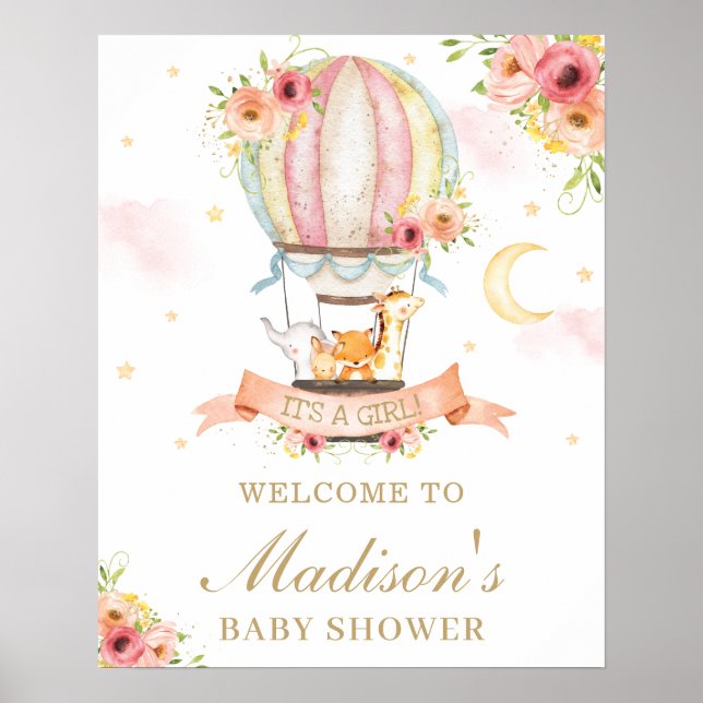 Floral Hot Air Balloon Baby Shower Animals Welcome Poster (Front)