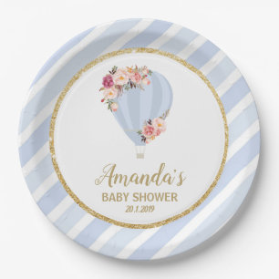 Floral Hot Air Balloon Baby Shower Blue Boy Paper Plate