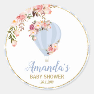 Floral Hot Air Balloon Baby Shower Blue Thank You Classic Round Sticker