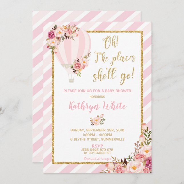 Floral Hot Air Balloon Baby Shower Invitation Girl (Front/Back)