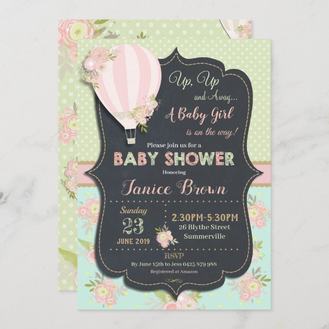 Floral Hot Air Balloon Baby Shower Invitation Girl (Front/Back)