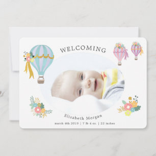 floral hot air balloon birth announcement card