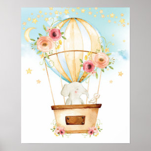 Floral Hot Air Balloon Elephant Adventure Awaits Poster
