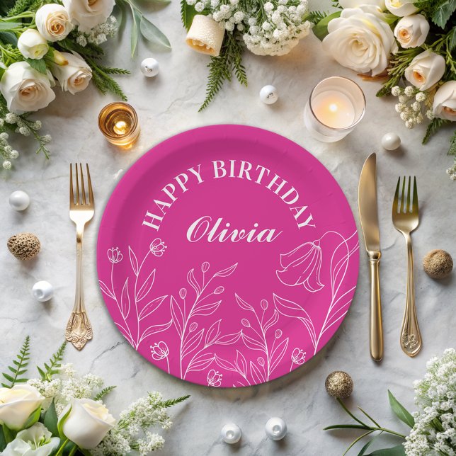 Floral Hot Pink 30th Birthday Elegant  Paper Plate (Creator Uploaded)