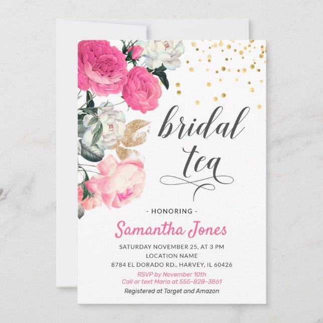 Floral Hot Pink Peony Roses Gold Bridal Shower Tea Invitation (Front)