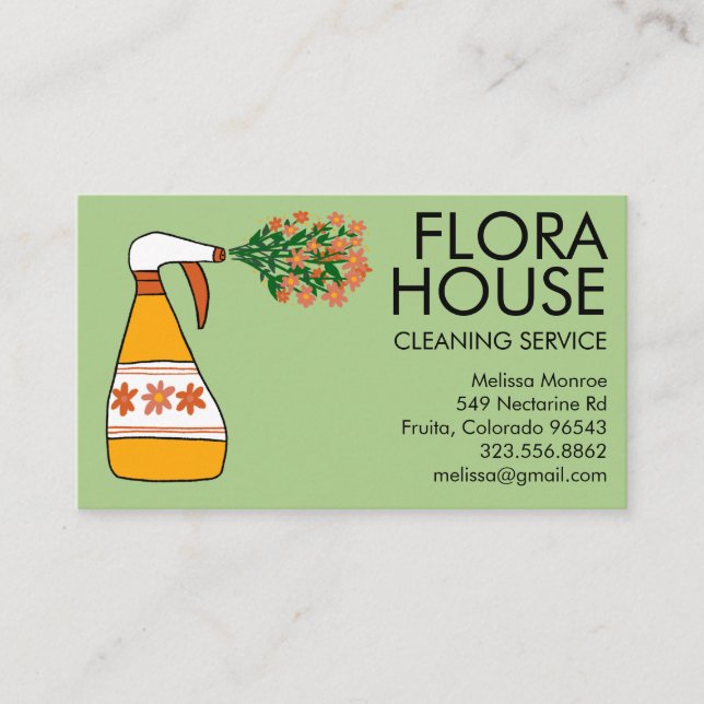 Floral House Cleaning Service Spray Bottle Retro Business Card (Front)