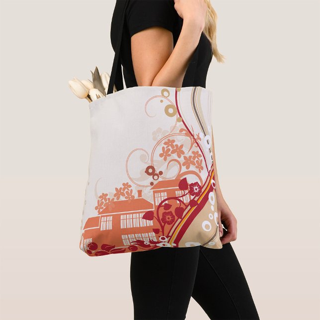 Floral House Illustration Swirl and Nature Pattern Tote Bag (Creator Uploaded)
