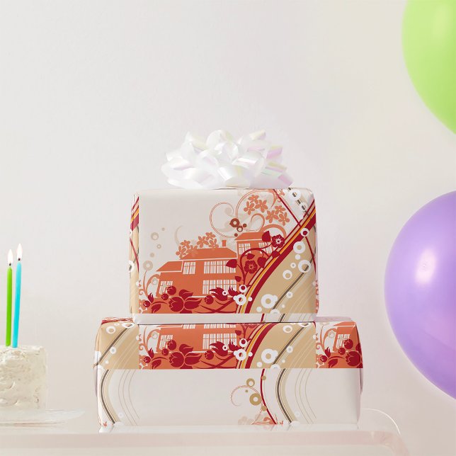 Floral House Illustration Swirl and Nature Pattern Wrapping Paper (Creator Uploaded)