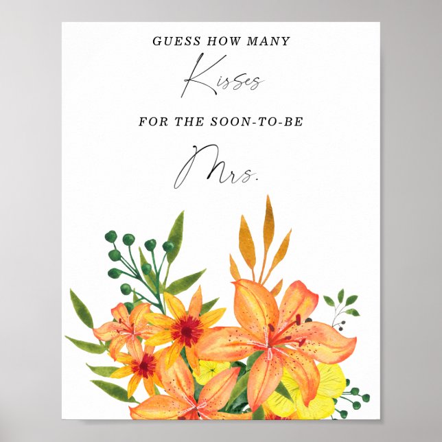 Floral how many kisses bridal shower game poster (Front)