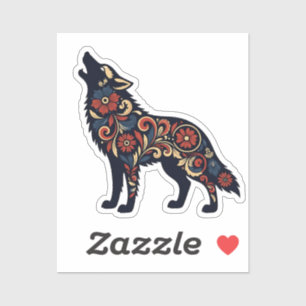  Floral Howling Wolf - Dark Blue Ornamental Folk A