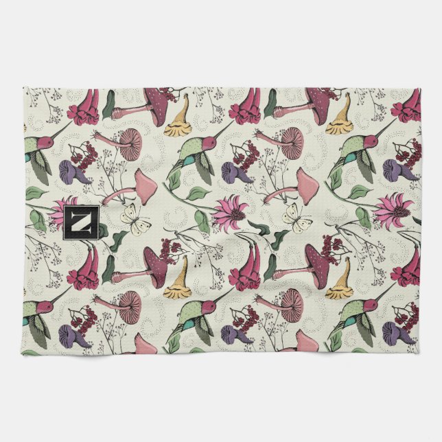 Floral Hummingbird Garden Pattern Yellow Tea Towel (Horizontal)