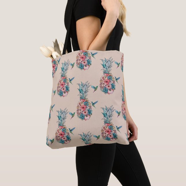 Floral Hummingbird Tropical Pineapples Cream Tote Bag (Close Up)