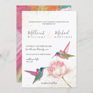 Floral Hummingbirds Gold Watercolor Wedding Invitation