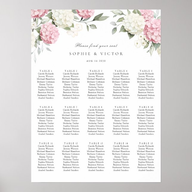 Floral Hydrangea 15 Table Wedding Seating Chart (Front)