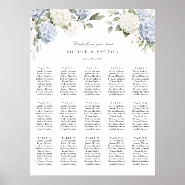 Floral Hydrangea 15 Table Wedding Seating Chart (Front)