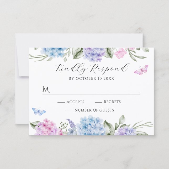 Floral hydrangea butterfly RSVP card (Front)
