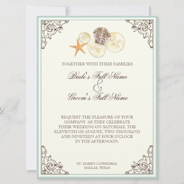 Floral Hydrangea Flower Seashell Swirls Beach Invitation (Front)