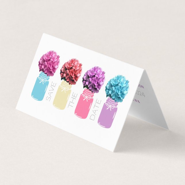 Floral Hydrangea Mason Jars Save The Date Card (Front)