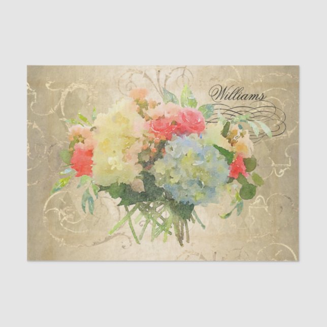 Floral Hydrangea Roses Gold Monogram Name Tissue Paper (Front)