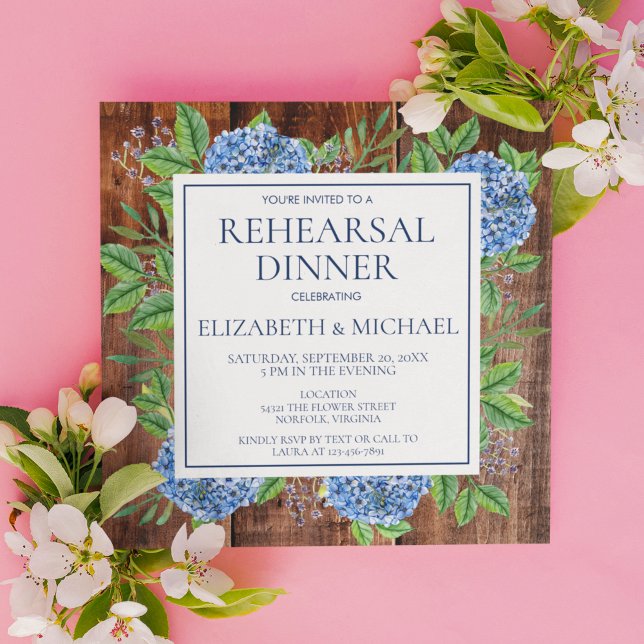 Floral Hydrangeas Rustic Wood Rehearsal Dinner Invitation (Creator Uploaded)