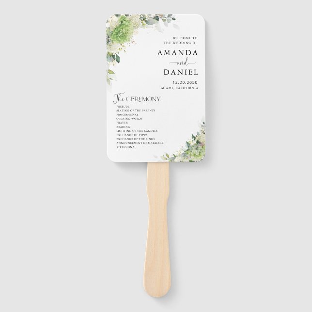 Floral Hydrangeas Wedding Program Hand Fan (Front)