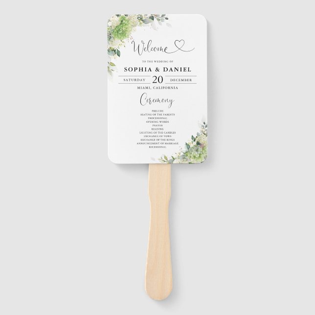 Floral Hydrangeas Wedding Program Hand Fan (Front)